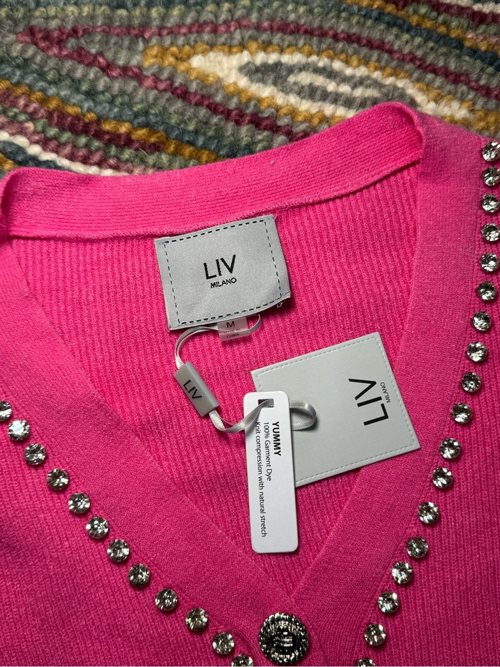 🪩🩷💕 Milano Hot Pink V-Neck Crystal-Trim Bling Embellished Cardigan Sweater 💕🩷🪩 - Picture 8 of 9
